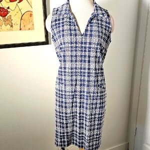 Katherine Way Blue and White Sheath Dress with Notched Collar, V neck. Size Lg.